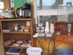 Variety of teas, Keurig coffee, drinks and snacks.